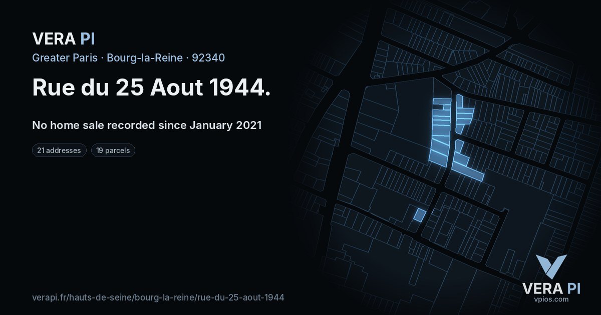 Rue du 25 Aout 1944, Bourg-la-Reine at night – every parcel coloured by the prices around it, the street's own parcels lit