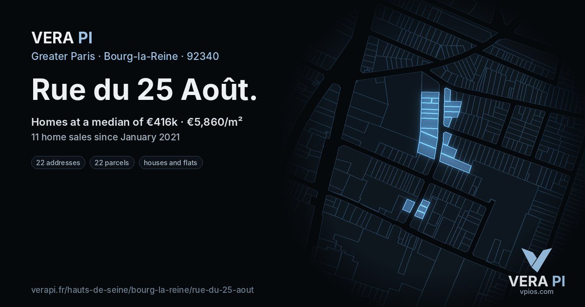 Rue du 25 Août, Bourg-la-Reine at night – every parcel coloured by the prices around it, the street's own parcels lit