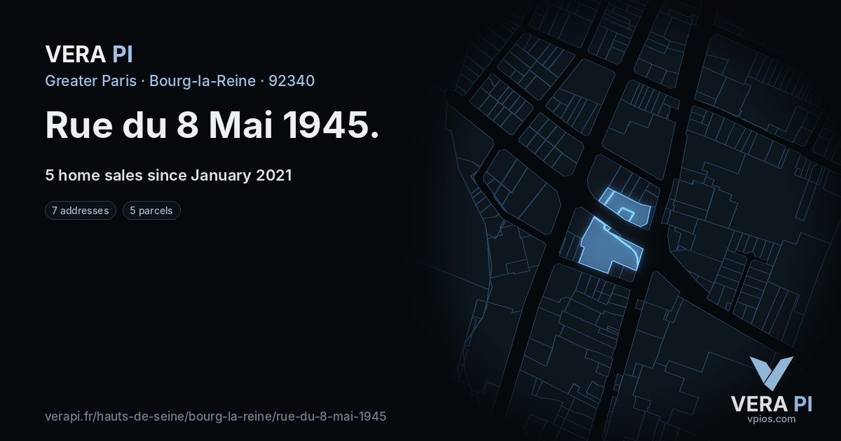 Rue du 8 Mai 1945, Bourg-la-Reine at night – every parcel coloured by the prices around it, the street's own parcels lit