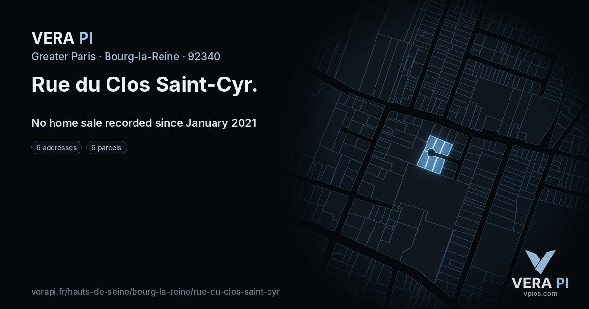 Rue du Clos Saint-Cyr, Bourg-la-Reine at night – every parcel coloured by the prices around it, the street's own parcels lit