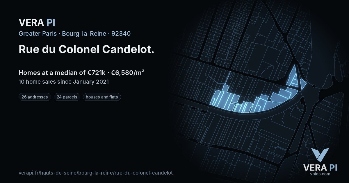 Rue du Colonel Candelot, Bourg-la-Reine at night – every parcel coloured by the prices around it, the street's own parcels lit