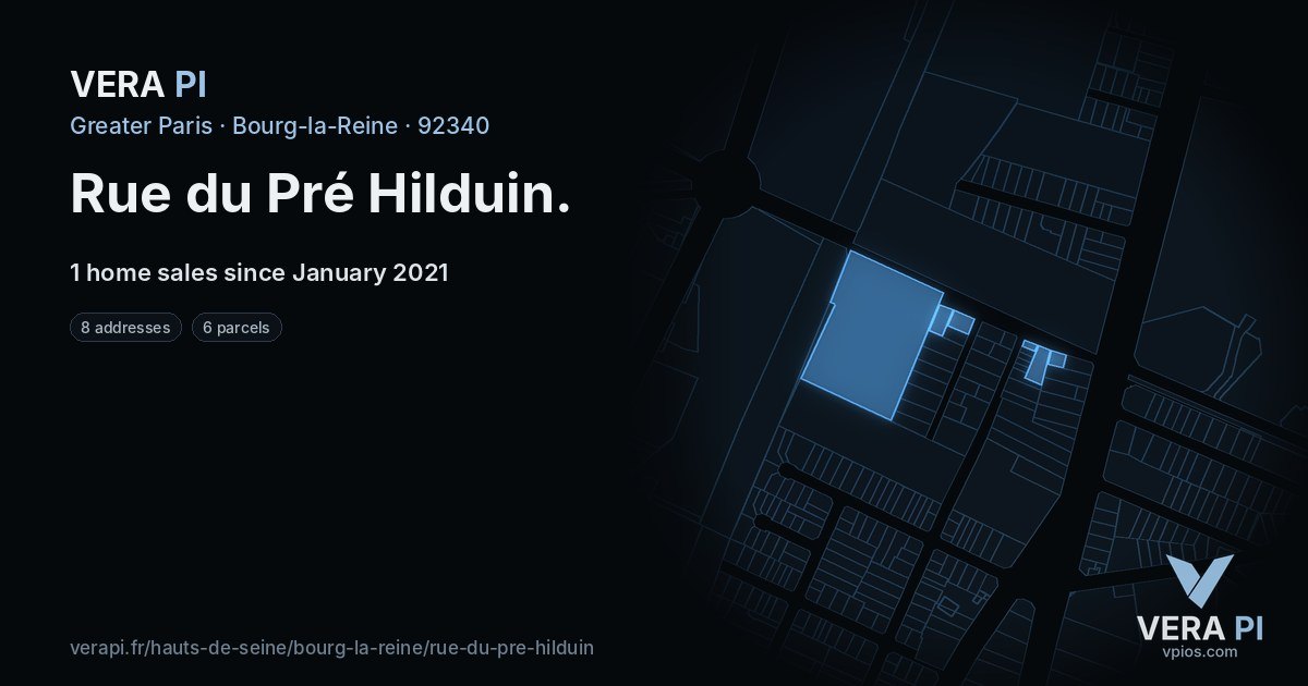 Rue du Pré Hilduin, Bourg-la-Reine at night – every parcel coloured by the prices around it, the street's own parcels lit