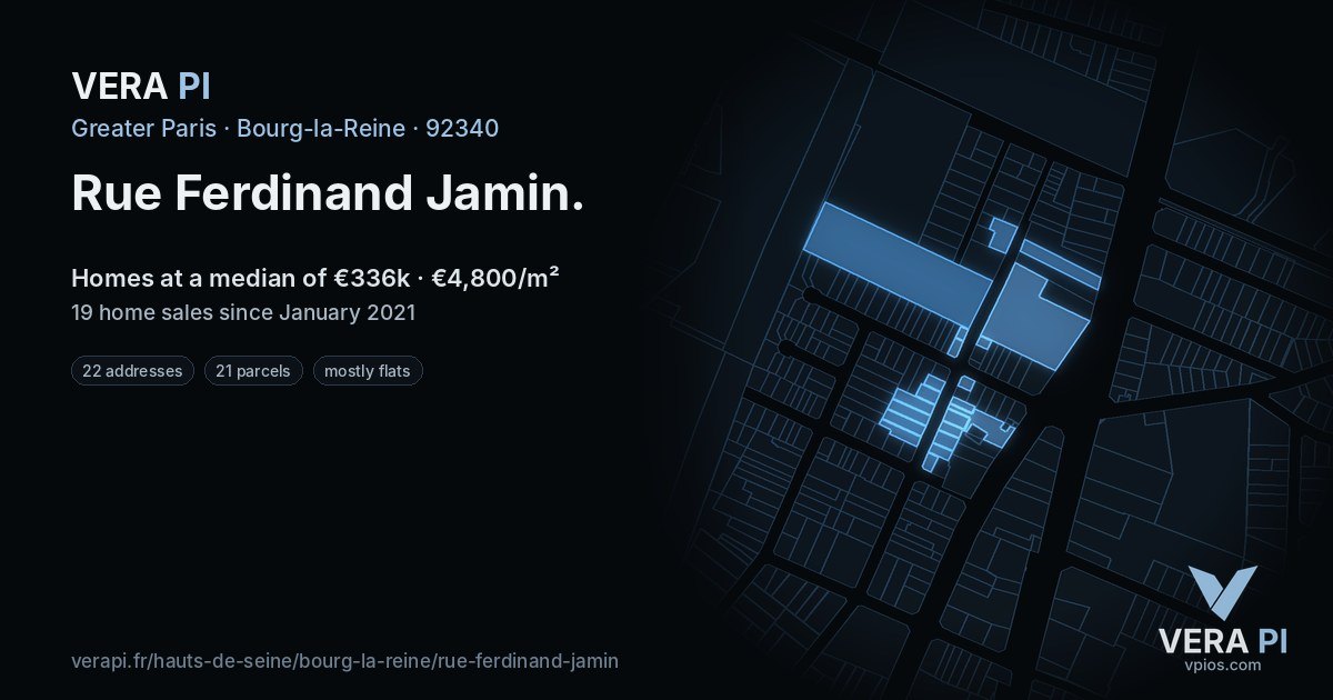 Rue Ferdinand Jamin, Bourg-la-Reine at night – every parcel coloured by the prices around it, the street's own parcels lit