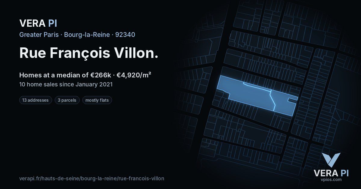 Rue François Villon, Bourg-la-Reine at night – every parcel coloured by the prices around it, the street's own parcels lit