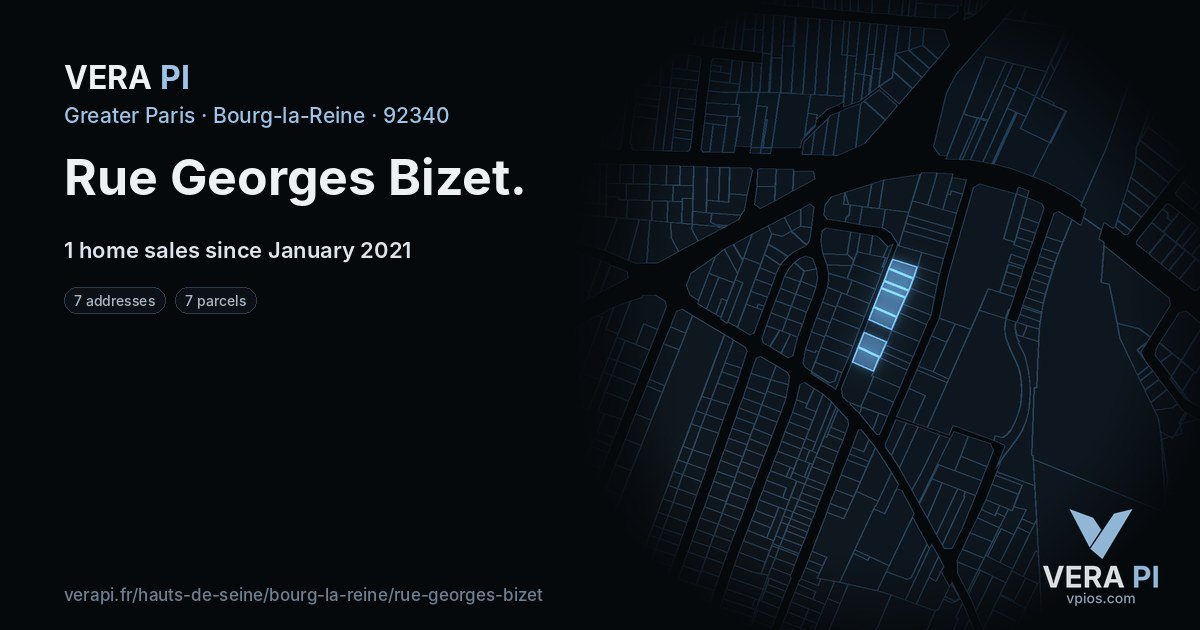 Rue Georges Bizet, Bourg-la-Reine at night – every parcel coloured by the prices around it, the street's own parcels lit