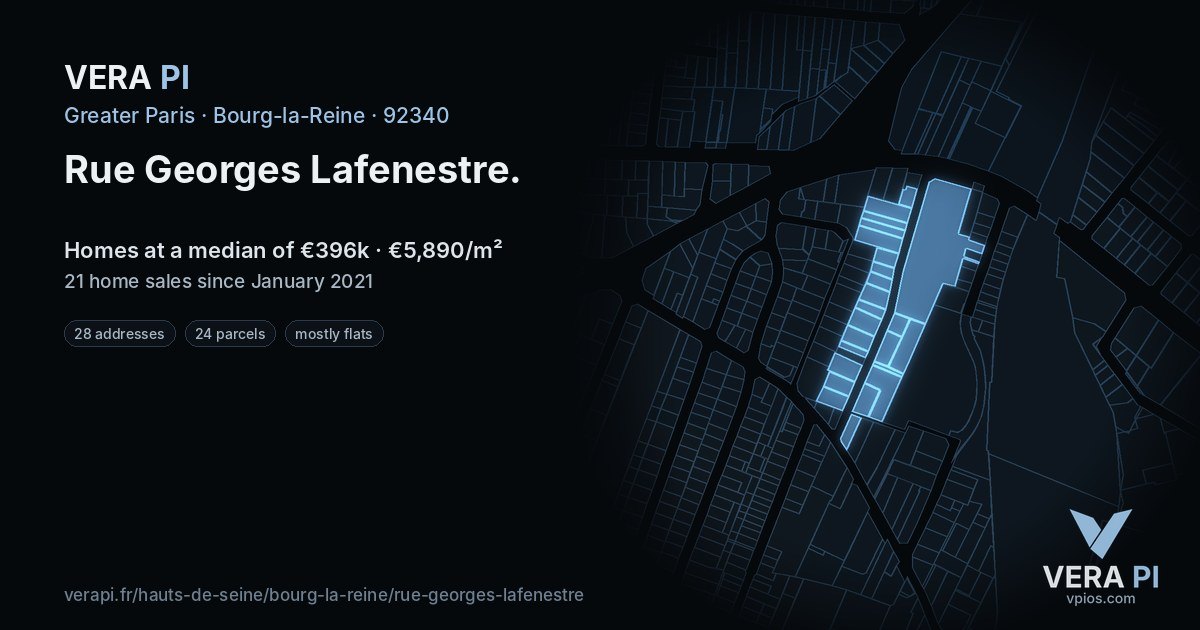 Rue Georges Lafenestre, Bourg-la-Reine at night – every parcel coloured by the prices around it, the street's own parcels lit