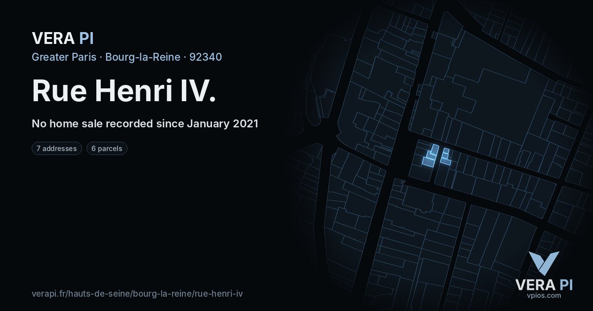 Rue Henri IV, Bourg-la-Reine at night – every parcel coloured by the prices around it, the street's own parcels lit