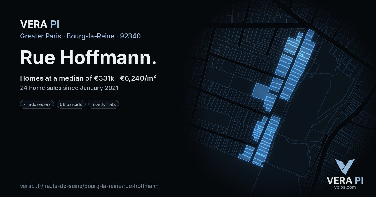Rue Hoffmann, Bourg-la-Reine at night – every parcel coloured by the prices around it, the street's own parcels lit