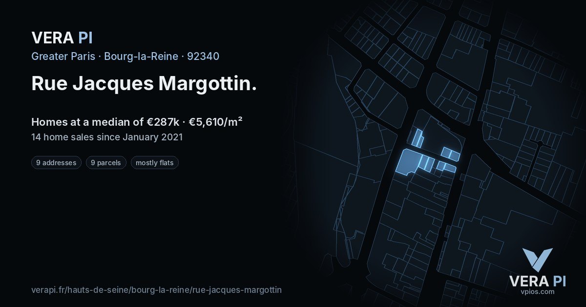 Rue Jacques Margottin, Bourg-la-Reine at night – every parcel coloured by the prices around it, the street's own parcels lit