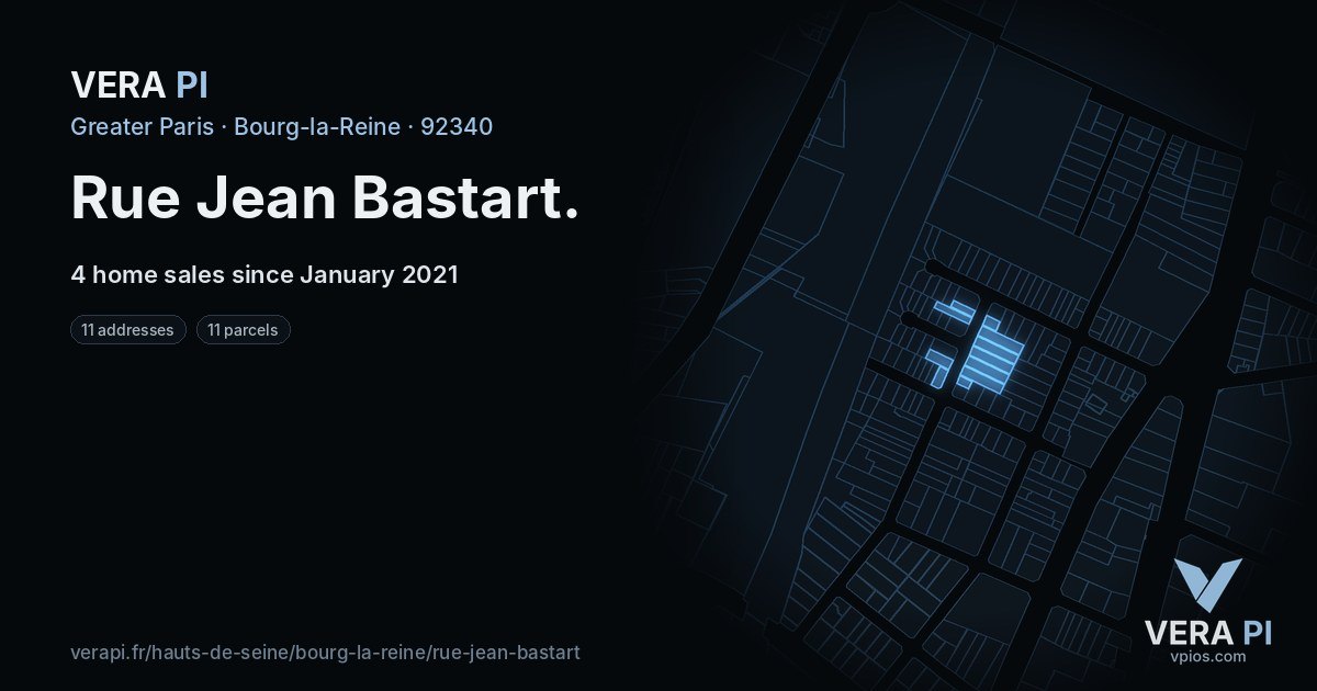 Rue Jean Bastart, Bourg-la-Reine at night – every parcel coloured by the prices around it, the street's own parcels lit