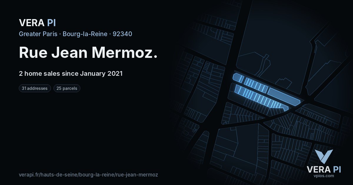 Rue Jean Mermoz, Bourg-la-Reine at night – every parcel coloured by the prices around it, the street's own parcels lit