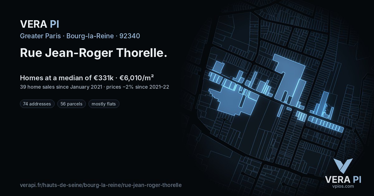 Rue Jean-Roger Thorelle, Bourg-la-Reine at night – every parcel coloured by the prices around it, the street's own parcels lit