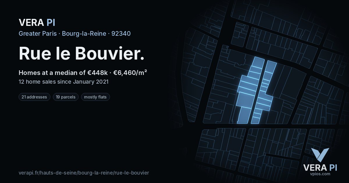 Rue le Bouvier, Bourg-la-Reine at night – every parcel coloured by the prices around it, the street's own parcels lit