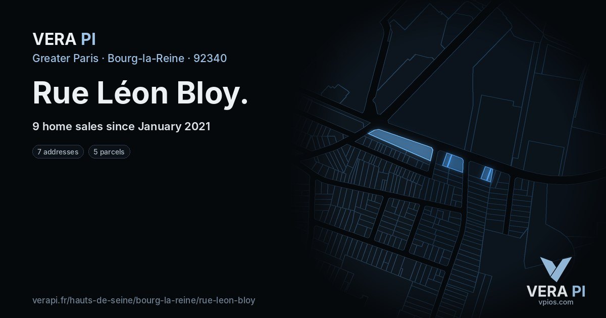 Rue Léon Bloy, Bourg-la-Reine at night – every parcel coloured by the prices around it, the street's own parcels lit