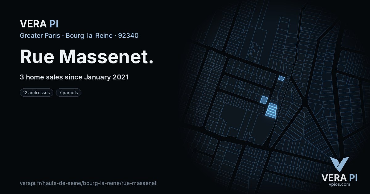 Rue Massenet, Bourg-la-Reine at night – every parcel coloured by the prices around it, the street's own parcels lit