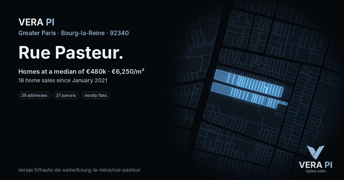 Rue Pasteur, Bourg-la-Reine at night – every parcel coloured by the prices around it, the street's own parcels lit