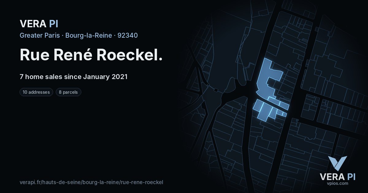 Rue René Roeckel, Bourg-la-Reine at night – every parcel coloured by the prices around it, the street's own parcels lit
