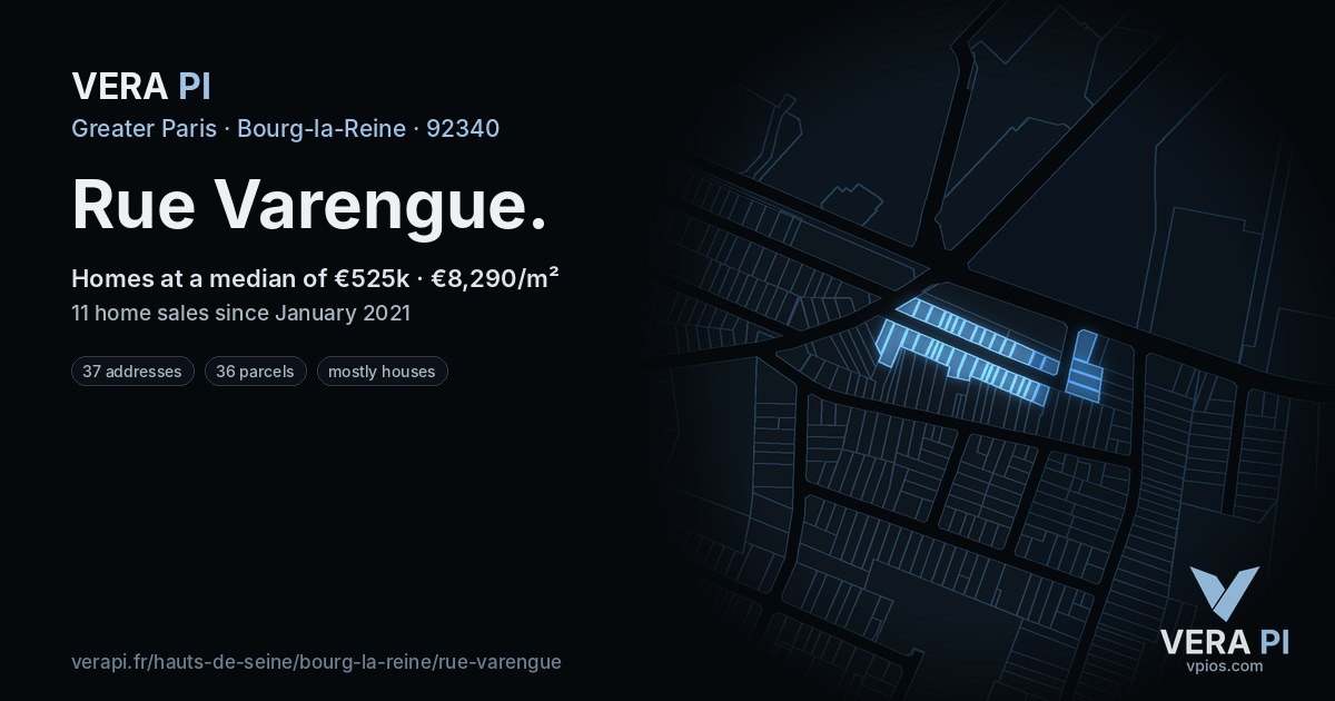 Rue Varengue, Bourg-la-Reine at night – every parcel coloured by the prices around it, the street's own parcels lit
