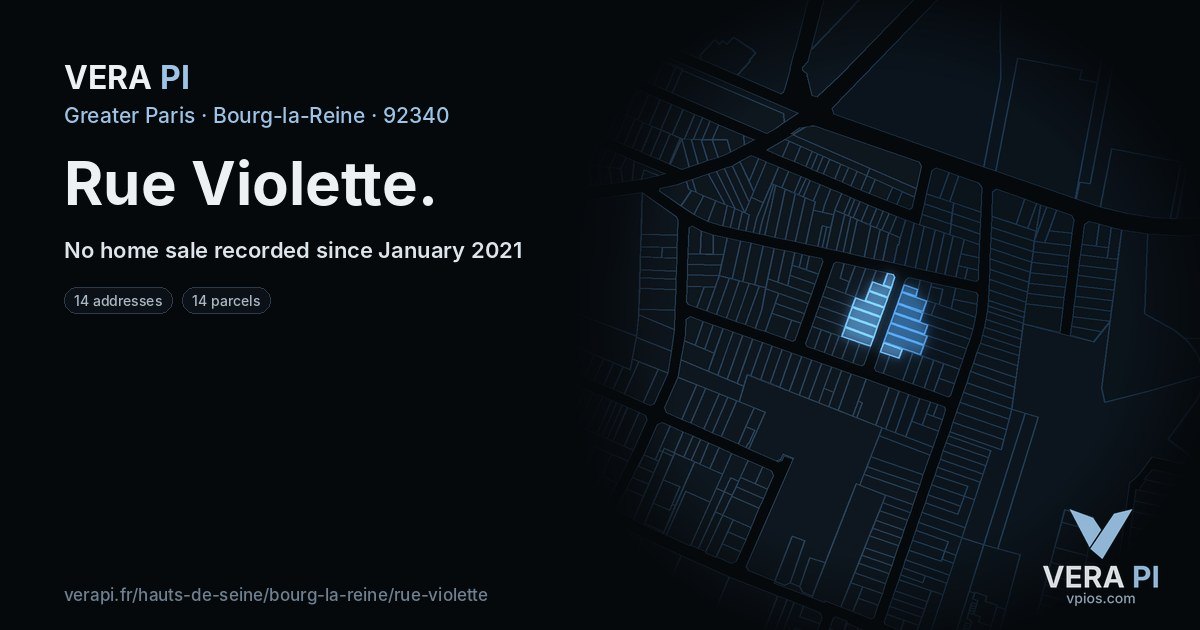 Rue Violette, Bourg-la-Reine at night – every parcel coloured by the prices around it, the street's own parcels lit