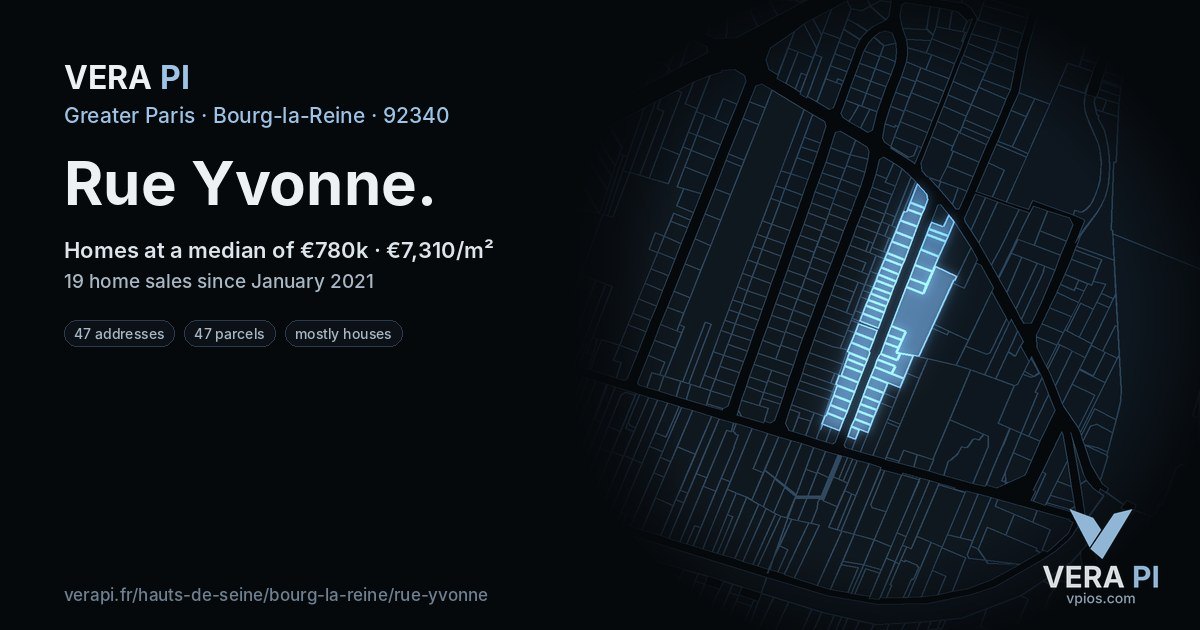 Rue Yvonne, Bourg-la-Reine at night – every parcel coloured by the prices around it, the street's own parcels lit