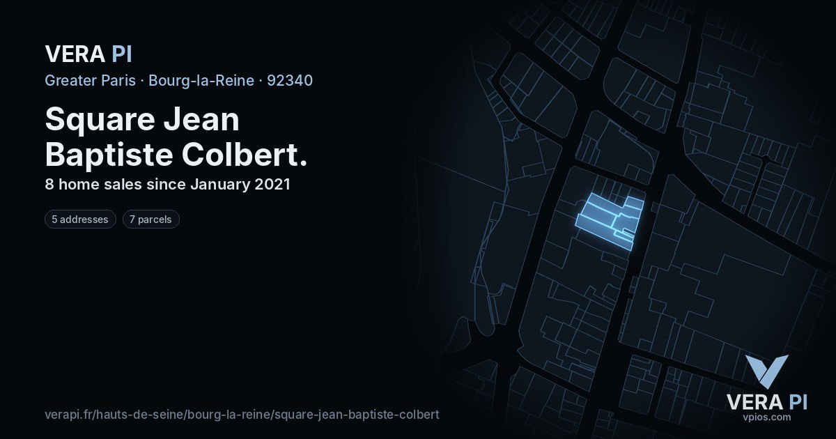 Square Jean Baptiste Colbert, Bourg-la-Reine at night – every parcel coloured by the prices around it, the street's own parcels lit