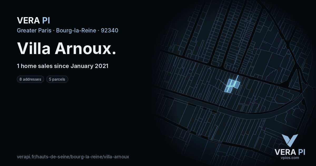 Villa Arnoux, Bourg-la-Reine at night – every parcel coloured by the prices around it, the street's own parcels lit