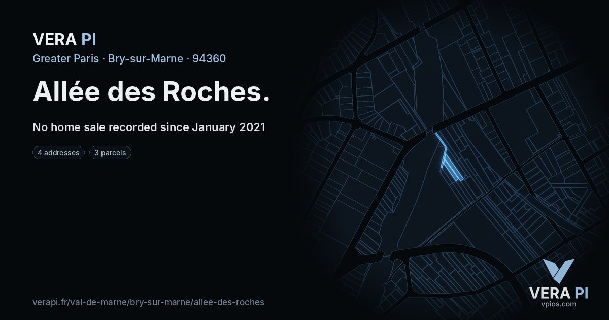 Allée des Roches, Bry-sur-Marne at night – every parcel coloured by the prices around it, the street's own parcels lit