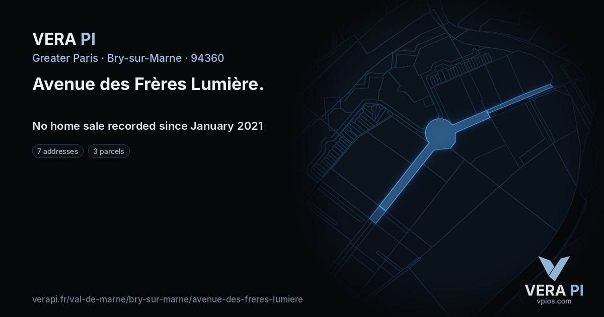 Avenue des Frères Lumière, Bry-sur-Marne at night – every parcel coloured by the prices around it, the street's own parcels lit