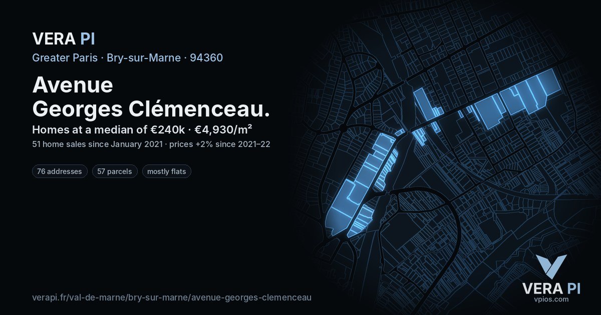 Avenue Georges Clémenceau, Bry-sur-Marne at night – every parcel coloured by the prices around it, the street's own parcels lit