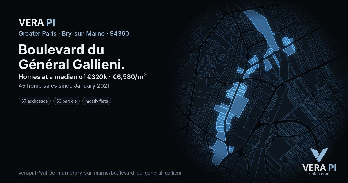 Boulevard du Général Gallieni, Bry-sur-Marne at night – every parcel coloured by the prices around it, the street's own parcels lit