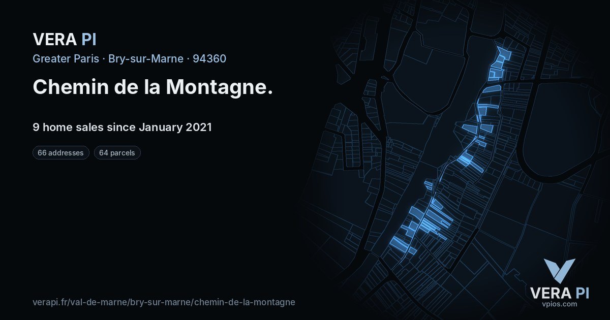 Chemin de la Montagne, Bry-sur-Marne at night – every parcel coloured by the prices around it, the street's own parcels lit
