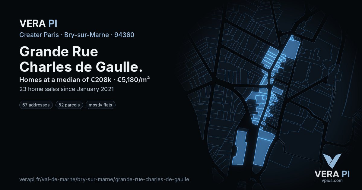 Grande Rue Charles de Gaulle, Bry-sur-Marne at night – every parcel coloured by the prices around it, the street's own parcels lit