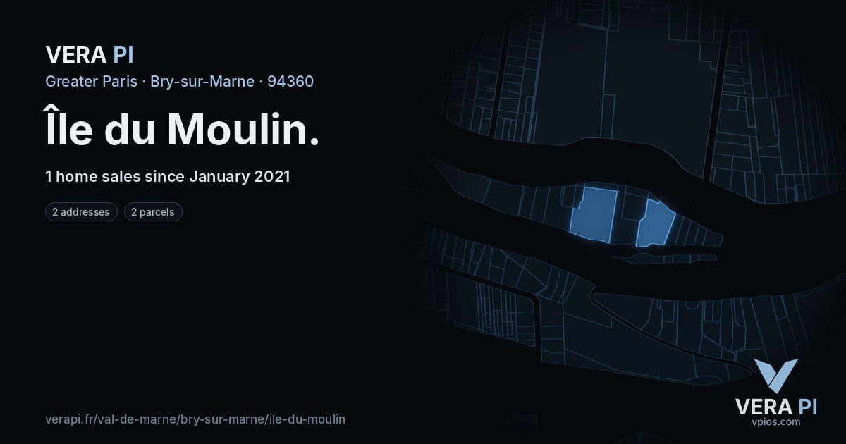Île du Moulin, Bry-sur-Marne at night – every parcel coloured by the prices around it, the street's own parcels lit