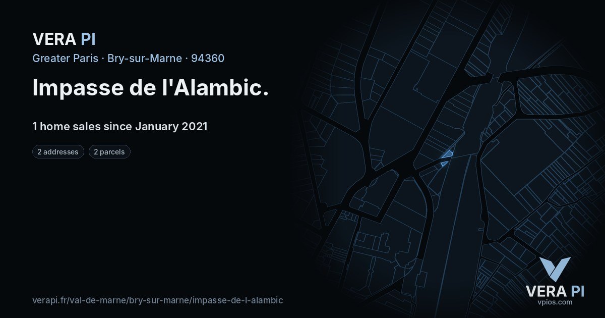 Impasse de l'Alambic, Bry-sur-Marne at night – every parcel coloured by the prices around it, the street's own parcels lit