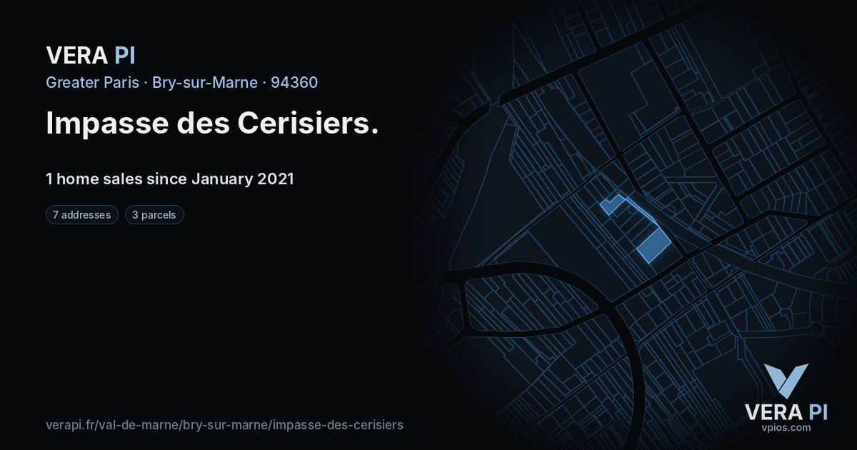 Impasse des Cerisiers, Bry-sur-Marne at night – every parcel coloured by the prices around it, the street's own parcels lit