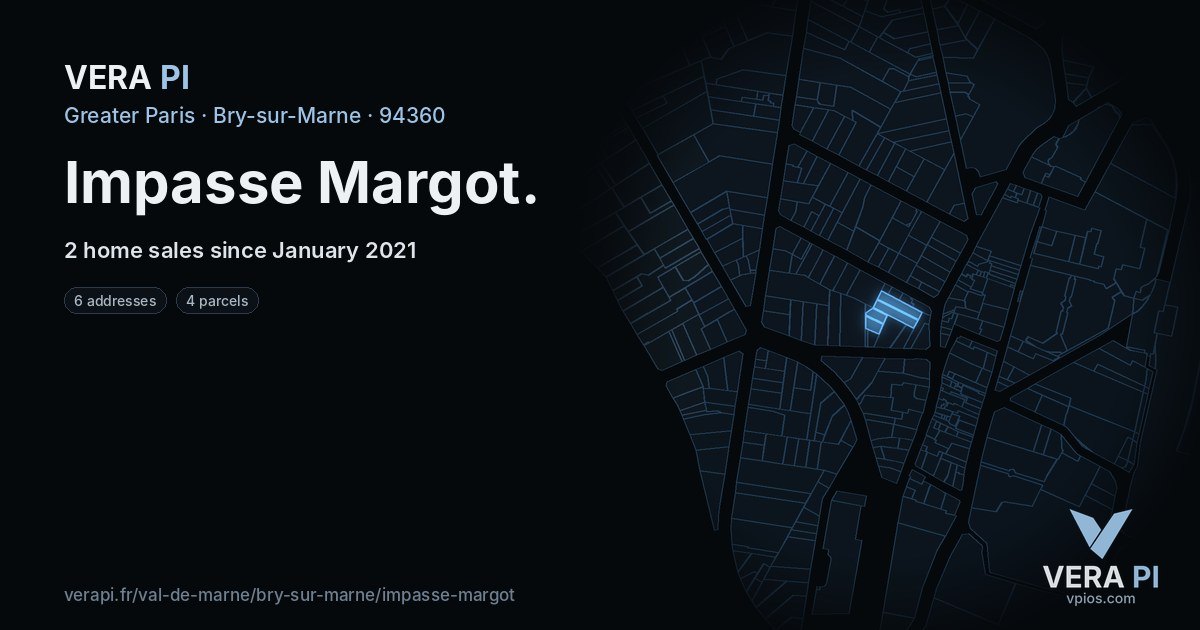 Impasse Margot, Bry-sur-Marne at night – every parcel coloured by the prices around it, the street's own parcels lit