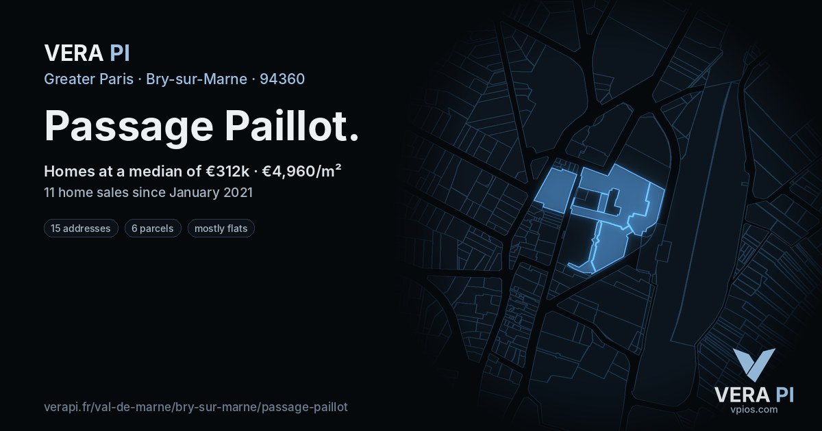 Passage Paillot, Bry-sur-Marne at night – every parcel coloured by the prices around it, the street's own parcels lit