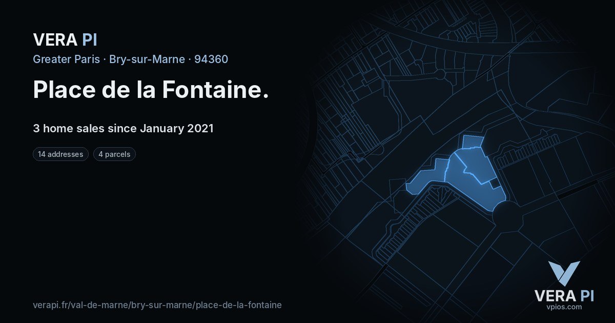 Place de la Fontaine, Bry-sur-Marne at night – every parcel coloured by the prices around it, the street's own parcels lit