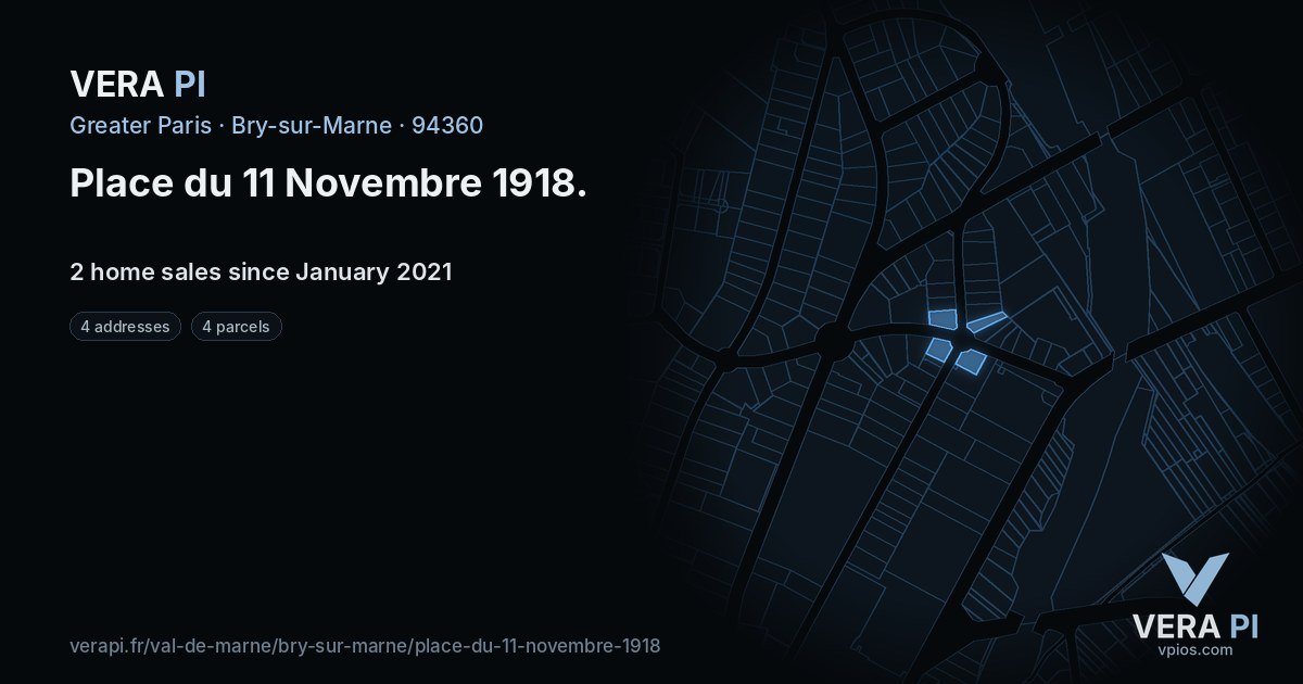 Place du 11 Novembre 1918, Bry-sur-Marne at night – every parcel coloured by the prices around it, the street's own parcels lit