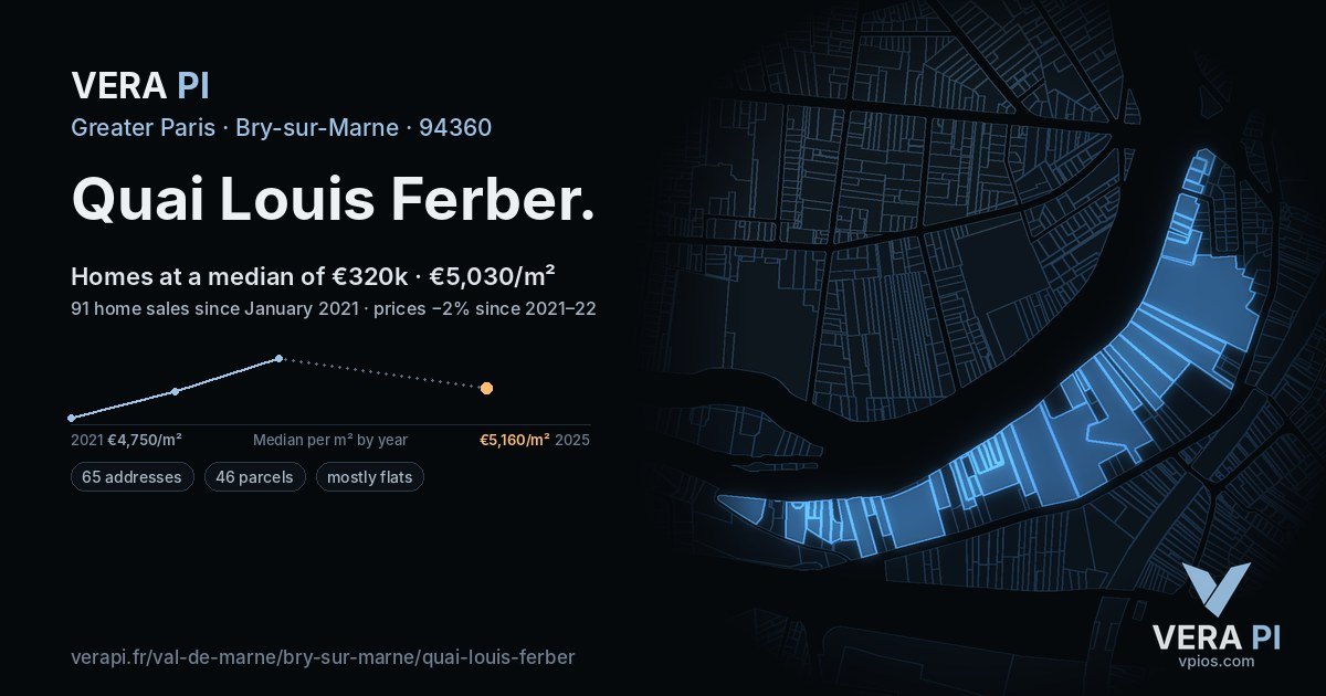 Quai Louis Ferber, Bry-sur-Marne at night – every parcel coloured by the prices around it, the street's own parcels lit