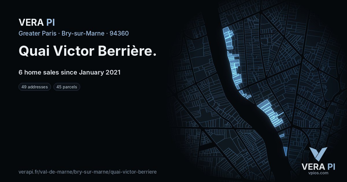 Quai Victor Berrière, Bry-sur-Marne at night – every parcel coloured by the prices around it, the street's own parcels lit
