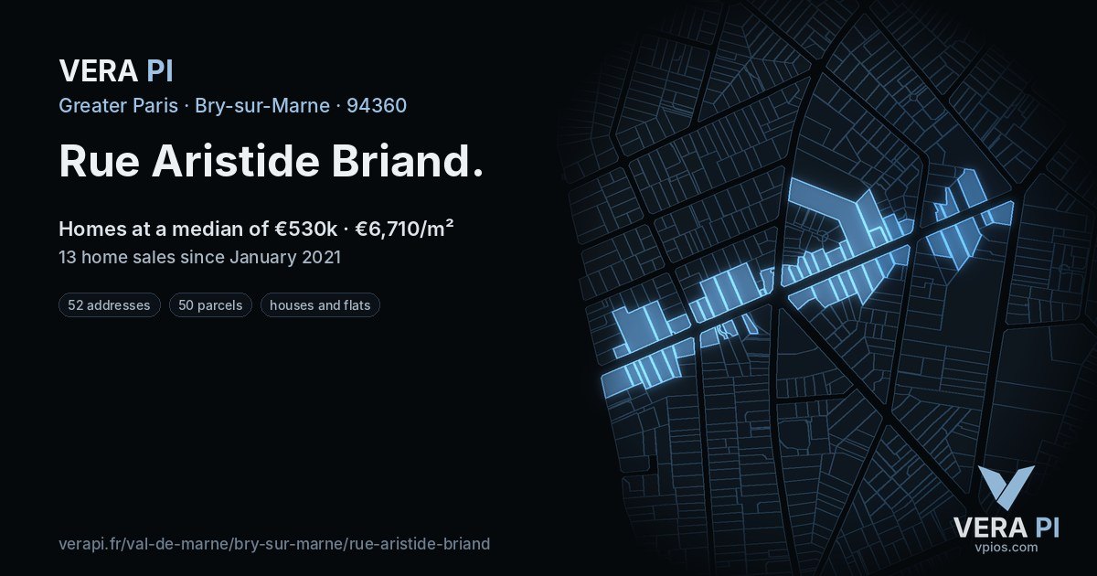 Rue Aristide Briand, Bry-sur-Marne at night – every parcel coloured by the prices around it, the street's own parcels lit