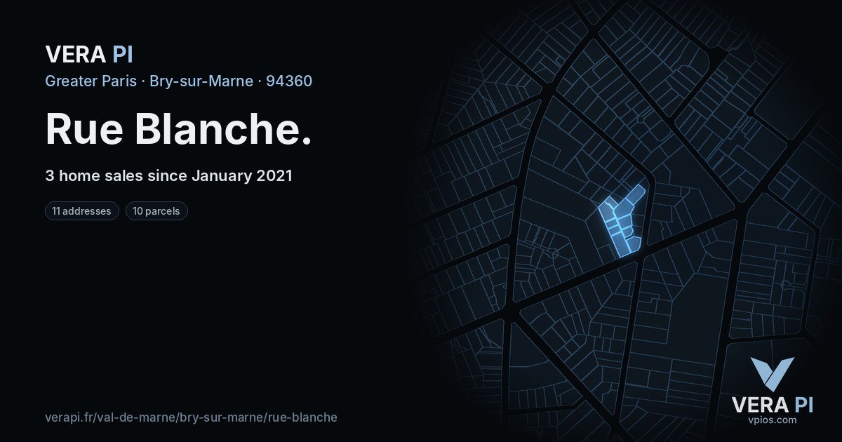 Rue Blanche, Bry-sur-Marne at night – every parcel coloured by the prices around it, the street's own parcels lit
