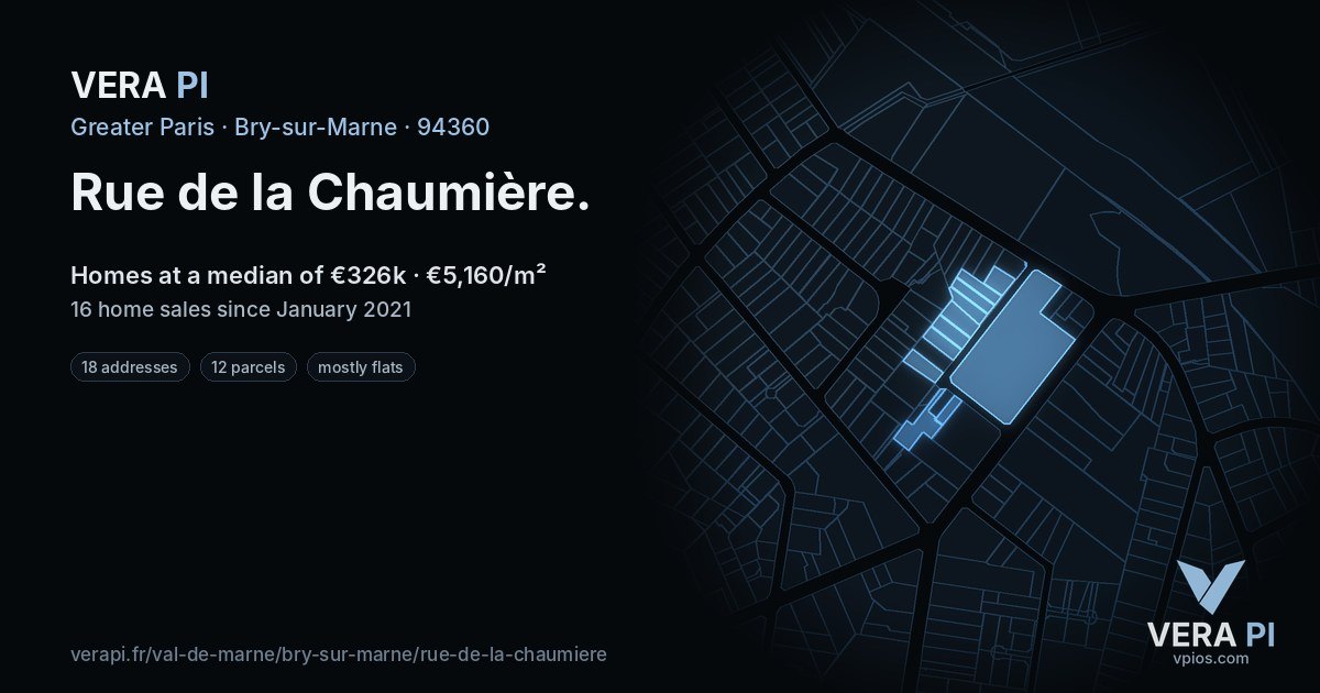 Rue de la Chaumière, Bry-sur-Marne at night – every parcel coloured by the prices around it, the street's own parcels lit