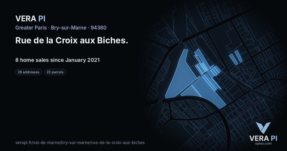 Rue de la Croix aux Biches, Bry-sur-Marne at night – every parcel coloured by the prices around it, the street's own parcels lit