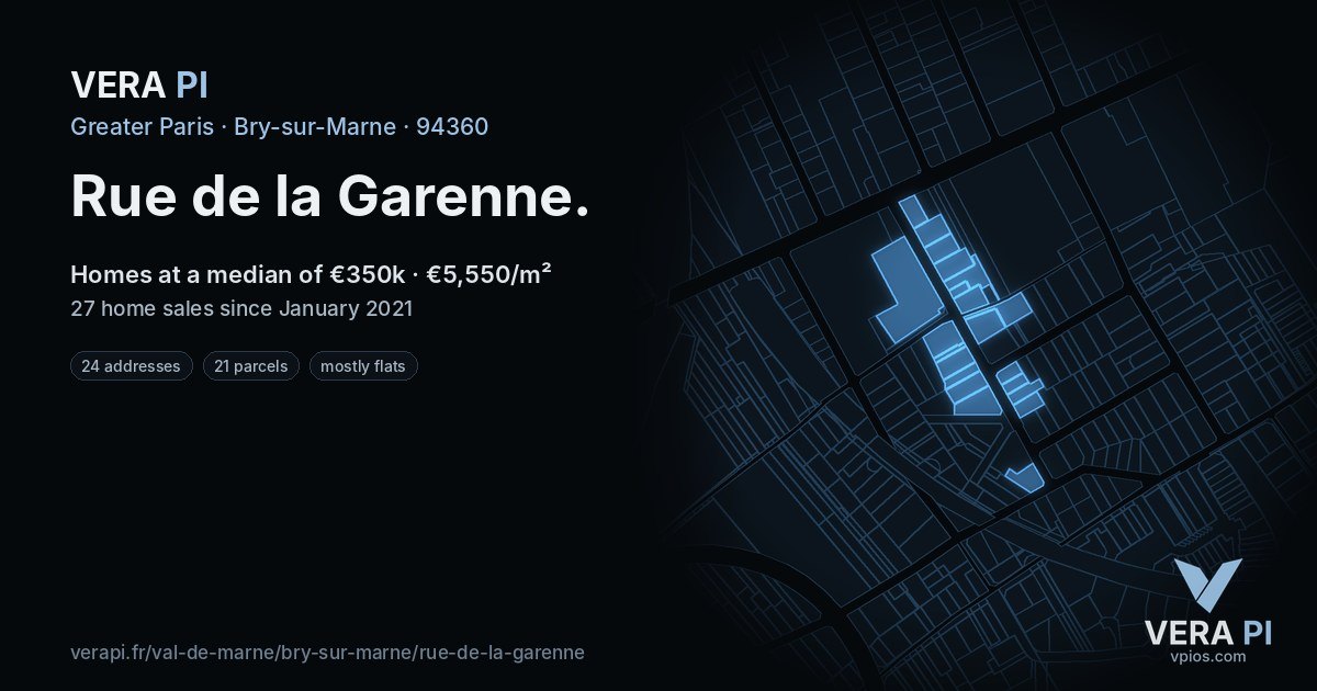 Rue de la Garenne, Bry-sur-Marne at night – every parcel coloured by the prices around it, the street's own parcels lit