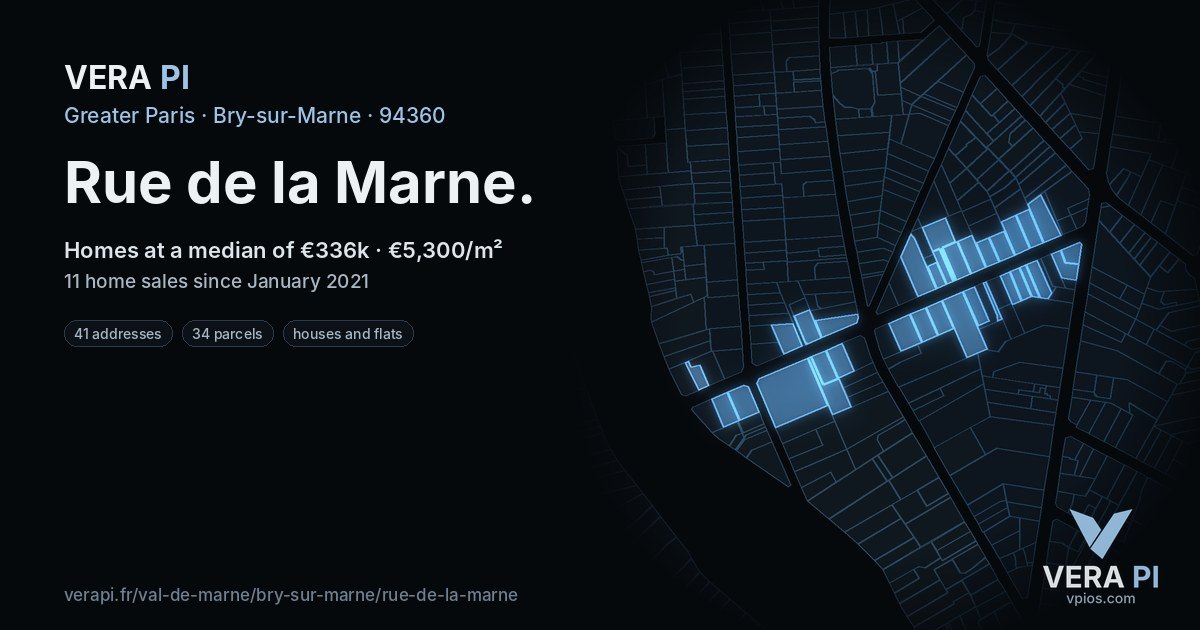 Rue de la Marne, Bry-sur-Marne at night – every parcel coloured by the prices around it, the street's own parcels lit