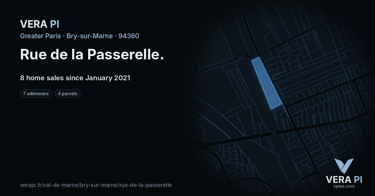 Rue de la Passerelle, Bry-sur-Marne at night – every parcel coloured by the prices around it, the street's own parcels lit