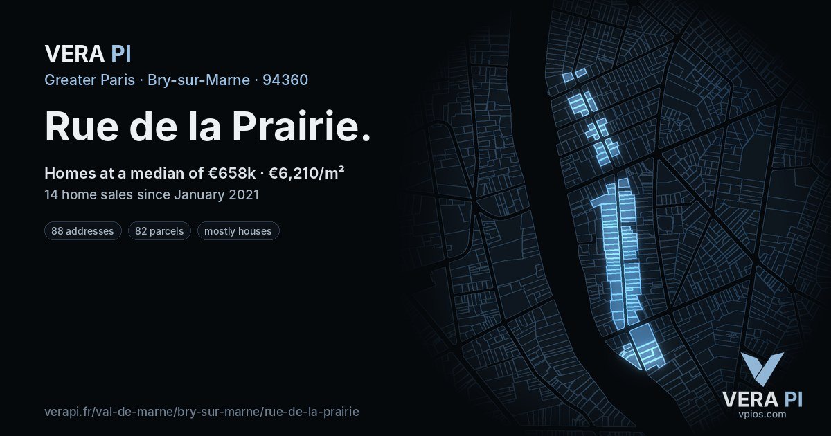 Rue de la Prairie, Bry-sur-Marne at night – every parcel coloured by the prices around it, the street's own parcels lit