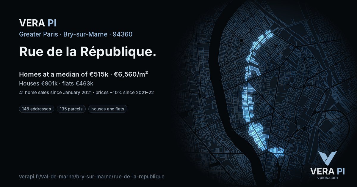 Rue de la République, Bry-sur-Marne at night – every parcel coloured by the prices around it, the street's own parcels lit